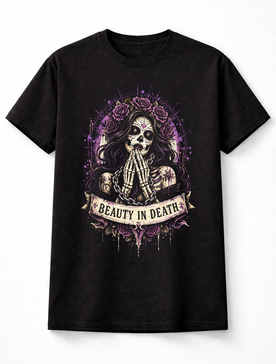 Beauty In Death Gothic Sugar Skull Roses Graphic Unisex T-Shirt