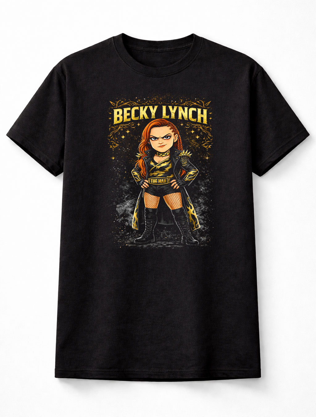 Becky Lynch The Man Wrestling T-Shirt Cartoon Wrestler Graphic Gold Black Design Women’s Wrestling Fan Tee Bold Attitude Style Adults & Kids Unisex T-Shirt