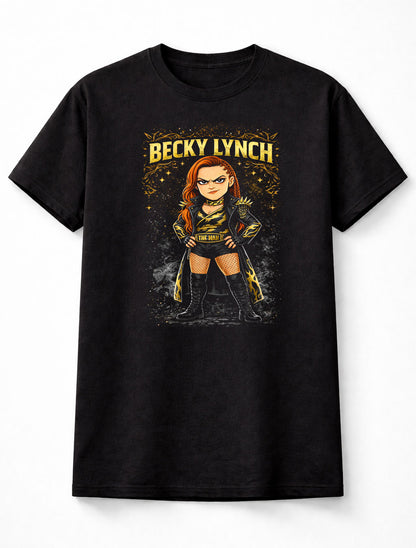 Becky Lynch The Man Wrestling T-Shirt Cartoon Wrestler Graphic Gold Black Design Women’s Wrestling Fan Tee Bold Attitude Style Adults & Kids Unisex T-Shirt
