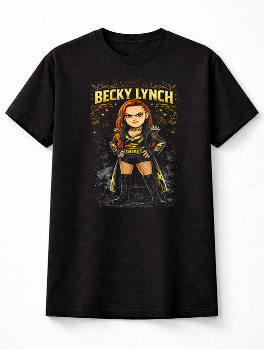 Becky Lynch The Man Wrestling T-Shirt Cartoon Wrestler Graphic Gold Black Design Women’s Wrestling Fan Tee Bold Attitude Style Adults & Kids Unisex T-Shirt