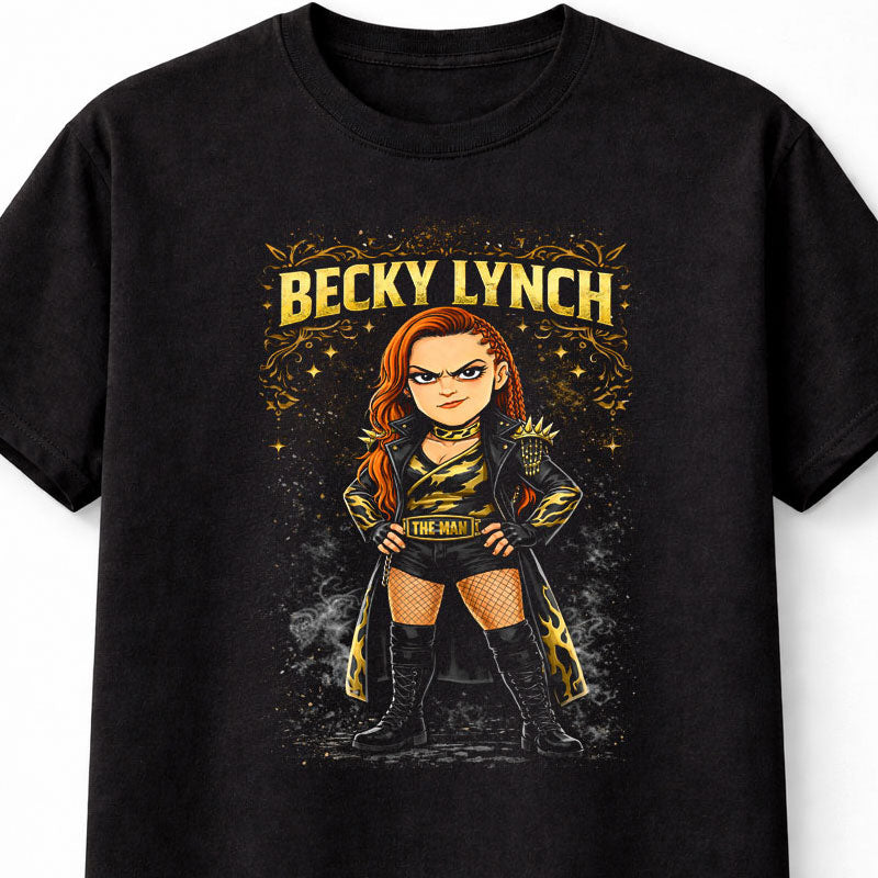 Becky Lynch The Man Wrestling T-Shirt Cartoon Wrestler Graphic Gold Black Design Women’s Wrestling Fan Tee Bold Attitude Style Adults & Kids Unisex T-Shirt