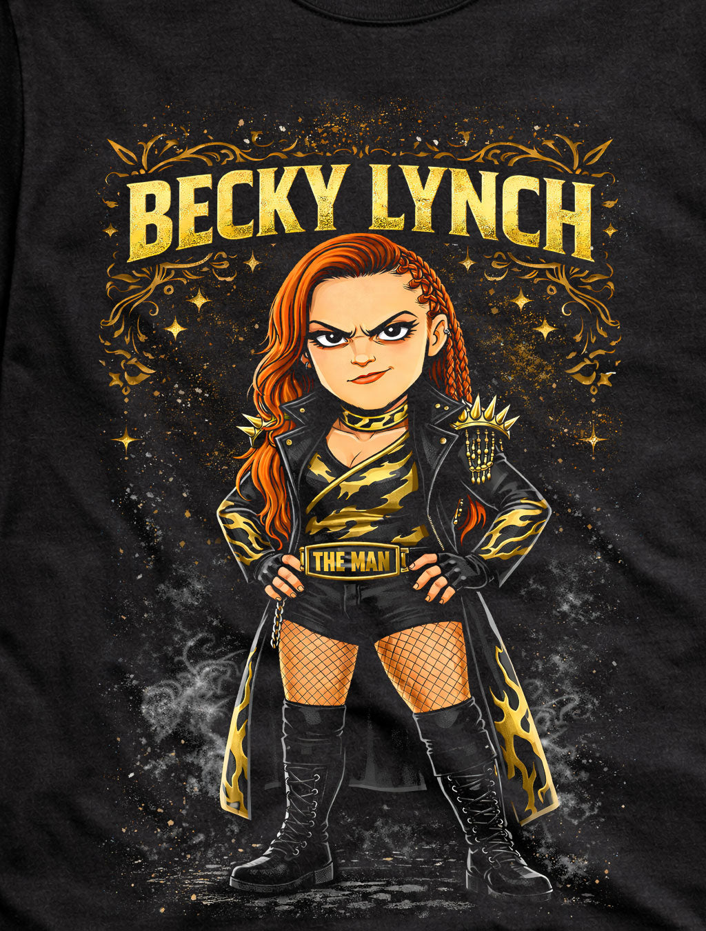 Becky Lynch The Man Wrestling T-Shirt Cartoon Wrestler Graphic Gold Black Design Women’s Wrestling Fan Tee Bold Attitude Style Adults & Kids Unisex T-Shirt