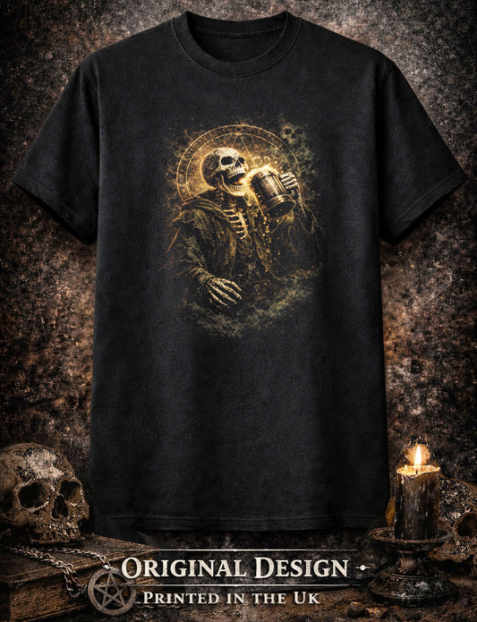 Skeleton T-Shirt Dark Fantasy Beer Drinker Ale Gothic Unisex Black Graphic Tee