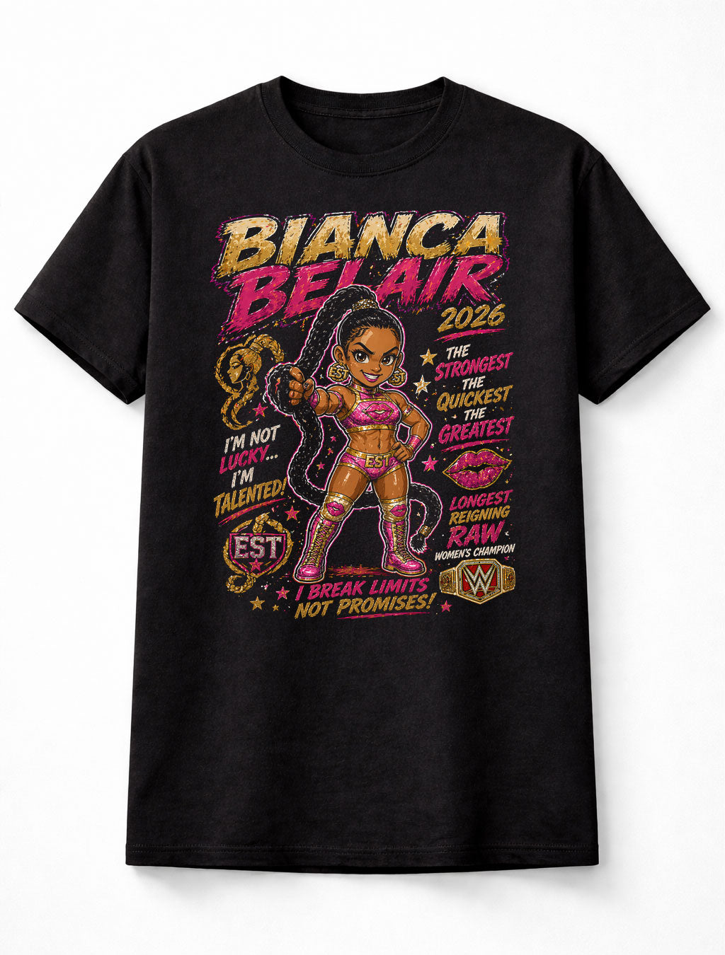 Bianca Belair EST Wrestling T-Shirt Cartoon Wrestler Graphic Pink Gold Champion Design Strongest Fastest Greatest Adults & Kids Unisex T-Shirt