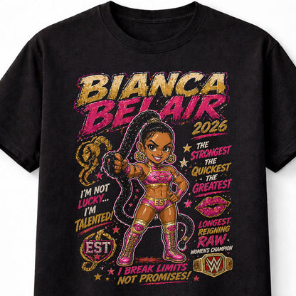 Bianca Belair EST Wrestling T-Shirt Cartoon Wrestler Graphic Pink Gold Champion Design Strongest Fastest Greatest Adults & Kids Unisex T-Shirt