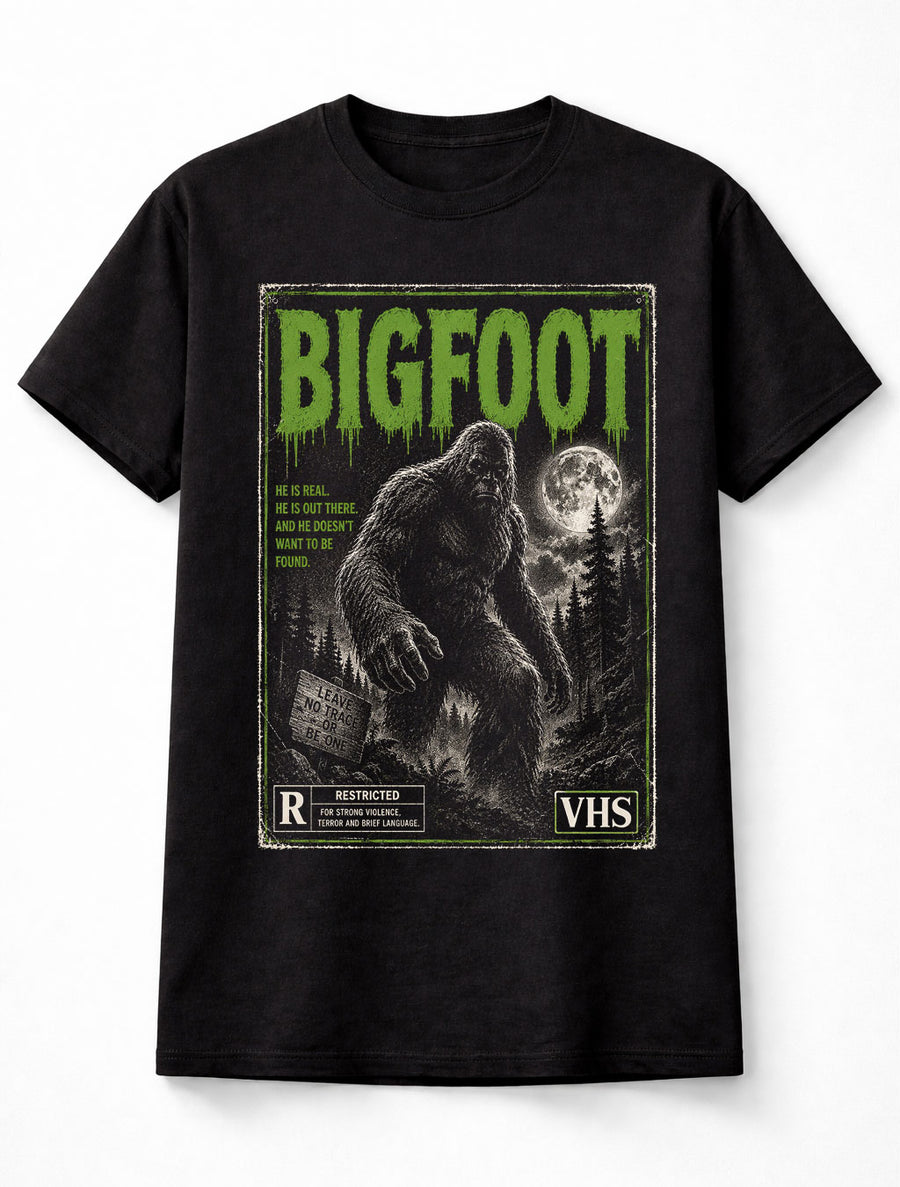 Bigfoot Cryptid Forest Monster Vintage Horror VHS Unisex T-Shirt