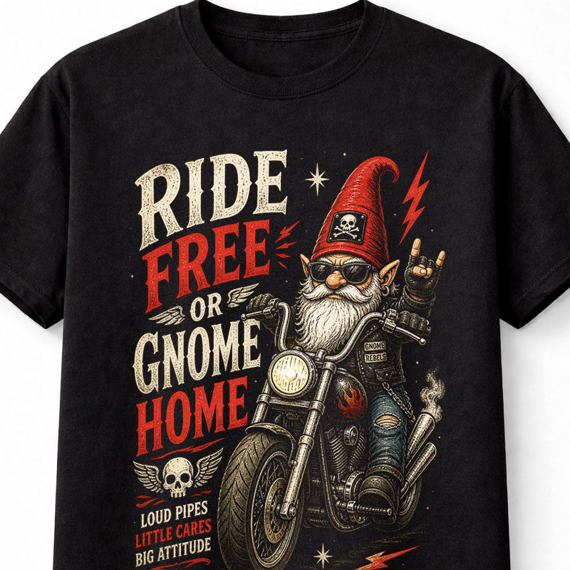 Biker Gnome Ride Free Or Gnome Home Funny Motorcycle Graphic Unisex T-Shirt