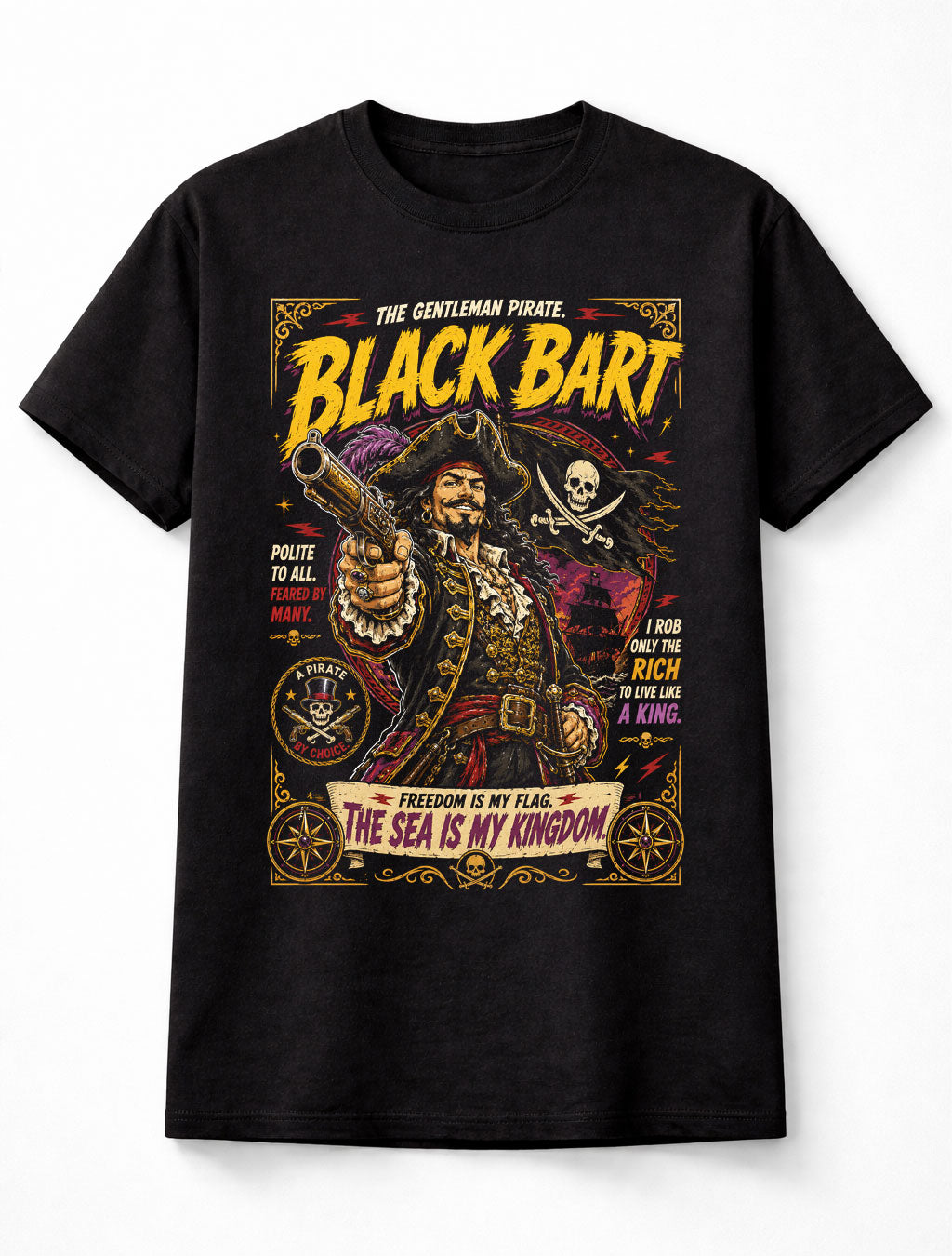 Black Bart Pirate Captain Skull Flag Treasure Graphic Unisex T-Shirt