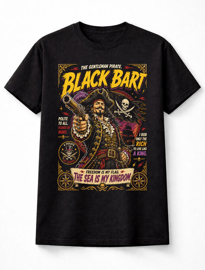 Black Bart Pirate Captain Skull Flag Treasure Graphic Unisex T-Shirt