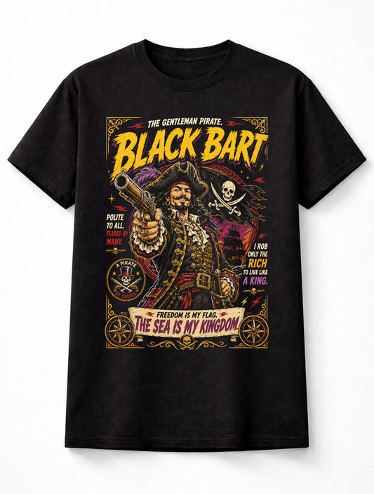 Black Bart Pirate Captain Skull Flag Treasure Graphic Unisex T-Shirt