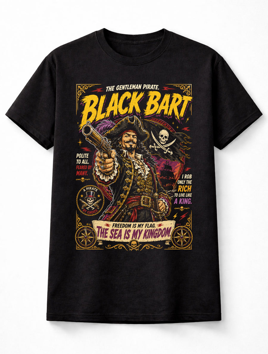 Black Bart Pirate Captain Skull Flag Treasure Graphic Unisex T-Shirt