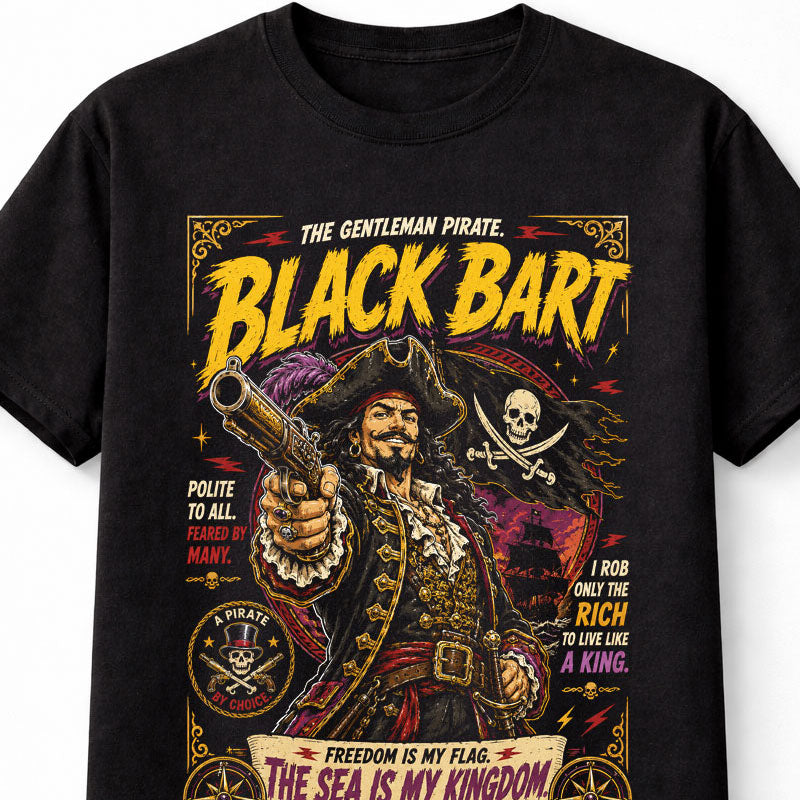 Black Bart Pirate Captain Skull Flag Treasure Graphic Unisex T-Shirt