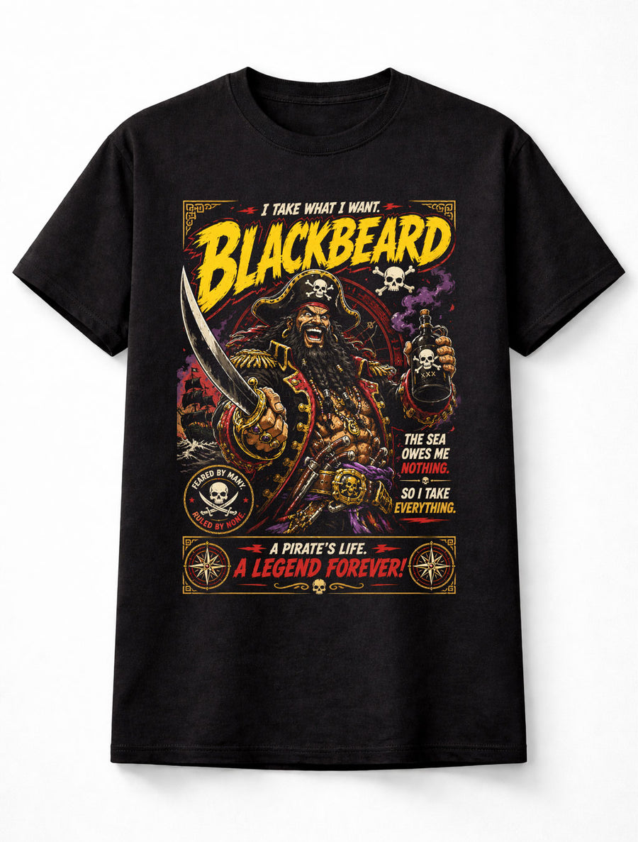 Blackbeard Pirate Captain Skull Sword Buccaneer Graphic Unisex T-Shirt