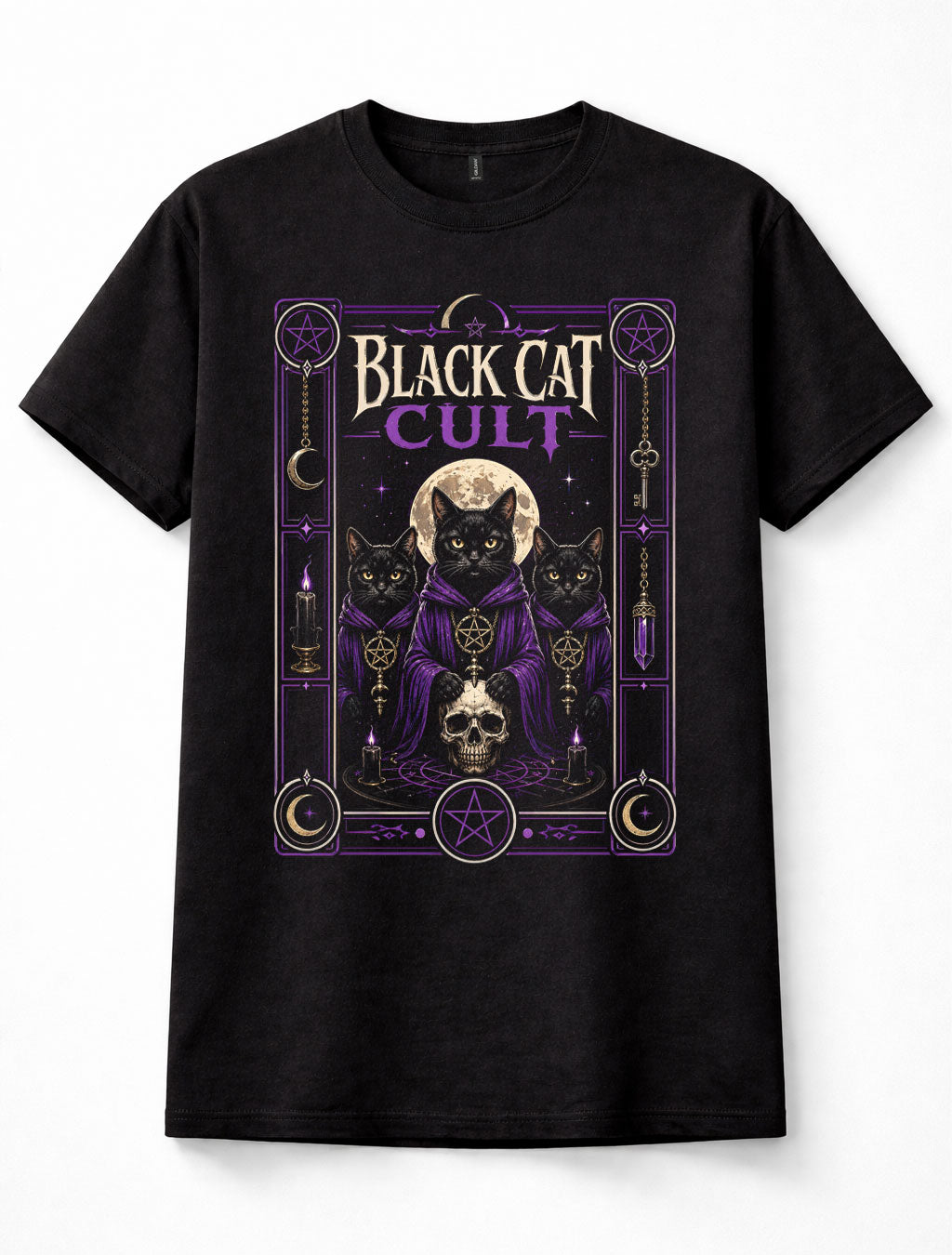 Black Cat Cult Gothic Witch Occult Pentagram Skull Wiccan Unisex T-Shirt