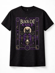 Black Cat Cult Gothic Witch Occult Pentagram Skull Wiccan Unisex T-Shirt