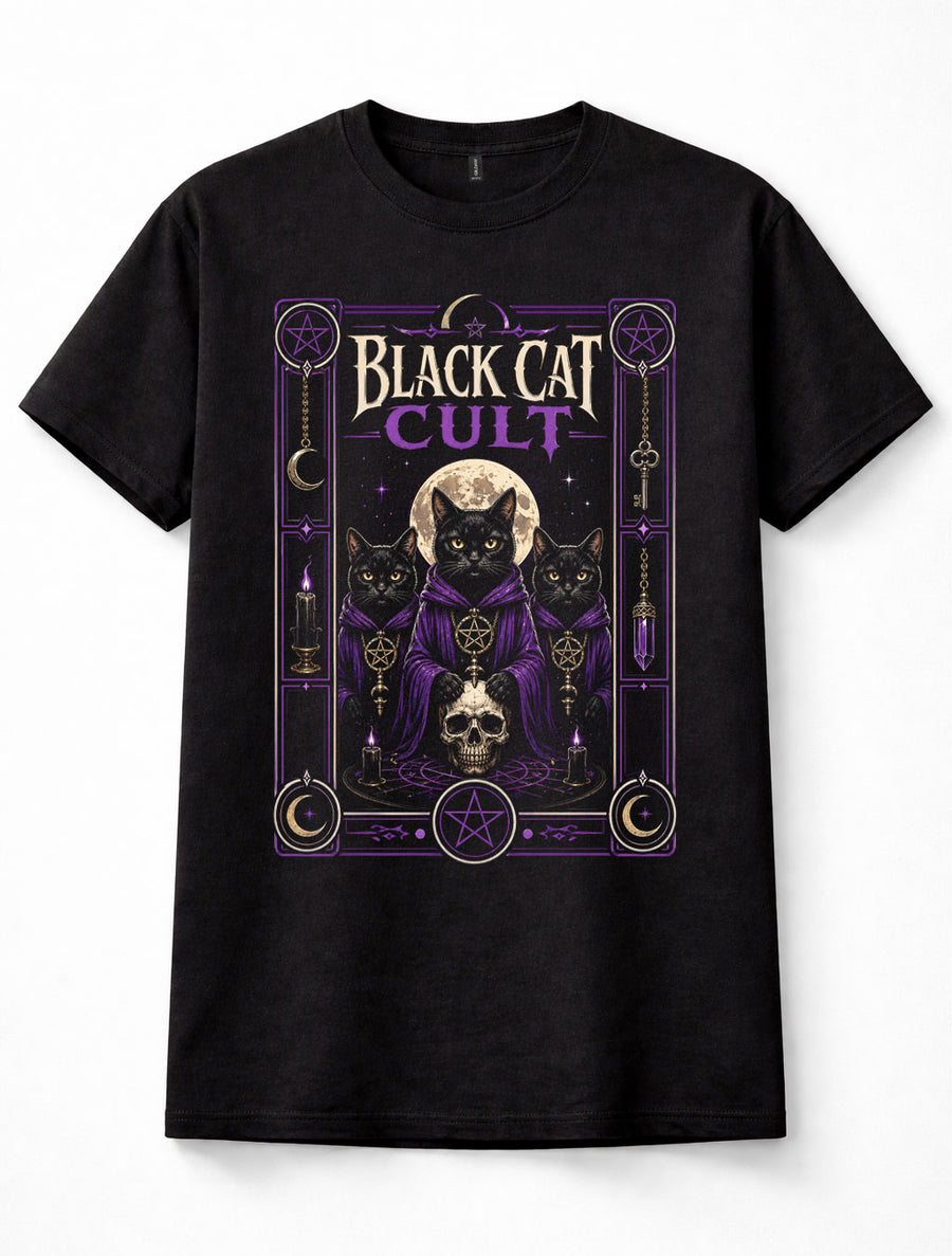 Black Cat Cult Gothic Witch Occult Pentagram Skull Wiccan Unisex T-Shirt