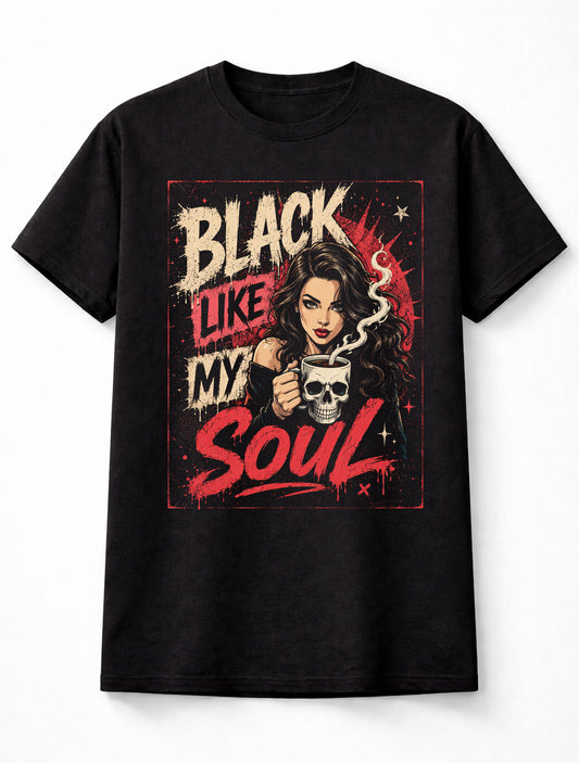 Black Like My Soul Gothic Coffee Skull Dark Humor Unisex T-Shirt