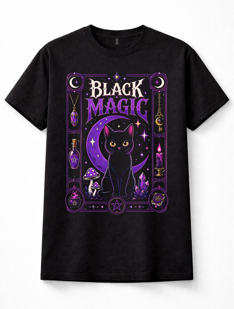 Black Magic Cat Witch Gothic Moon Pentagram Occult Wiccan Unisex T-Shirt