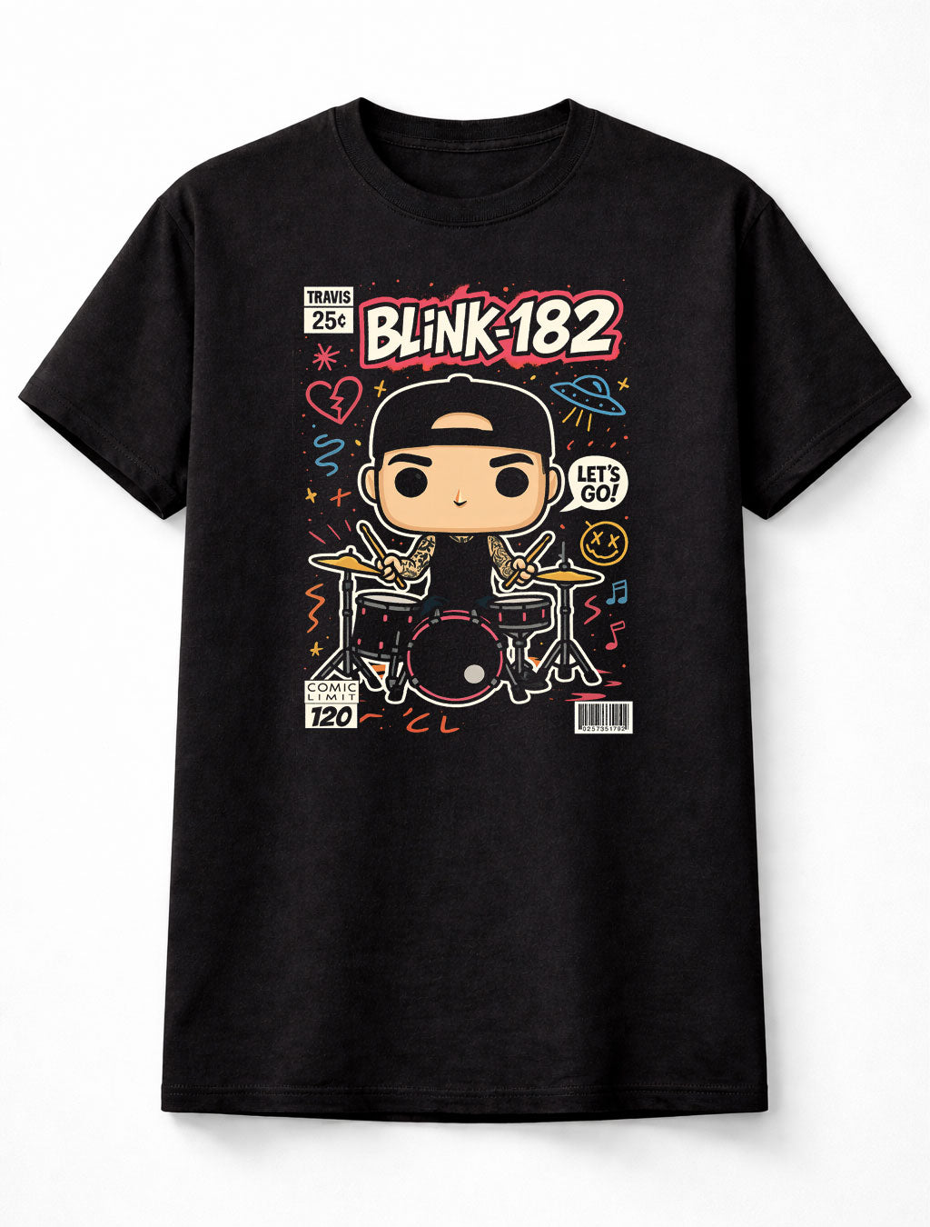 Travis Barker Blink-182 T-Shirt Pop Punk Chibi Unisex Black Graphic Tee