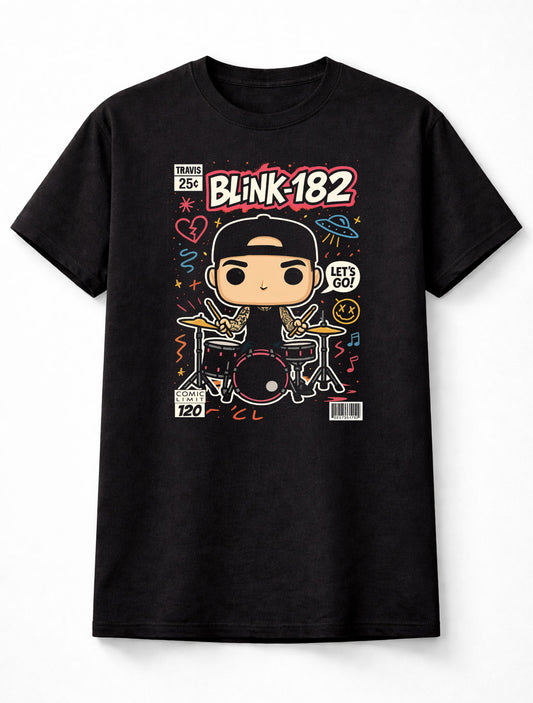 Travis Barker Blink-182 T-Shirt Pop Punk Chibi Unisex Black Graphic Tee