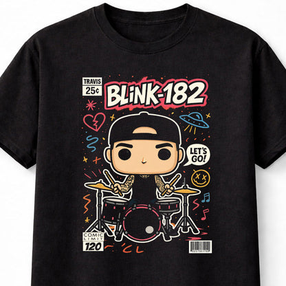 Travis Barker Blink-182 T-Shirt Pop Punk Chibi Unisex Black Graphic Tee
