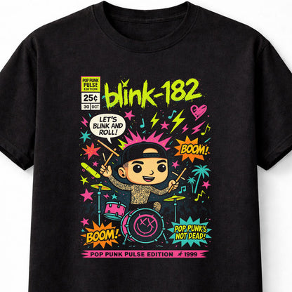Blink-182 Pop Punk Pulse Edition Drummer Cartoon Graphic T-Shirt Neon Music Band Design Retro 90s Punk Rock Fan Tee Colorful Streetwear Adult & Kids Unisex T-Shirt
