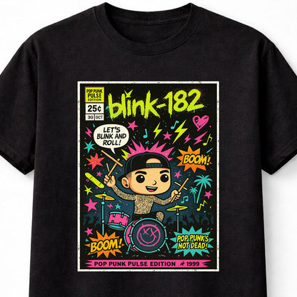 Blink-182 Pop Punk Pulse Edition Drummer Bordered Cartoon Graphic T-Shirt Neon Music Band Design Retro 90s Punk Rock Fan Tee Colorful Streetwear Adult & Kids Unisex T-Shirt (Copy)