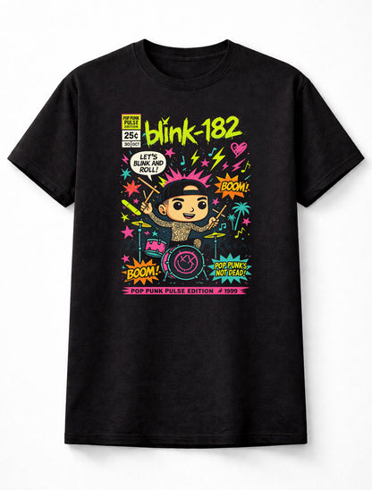 Blink-182 Pop Punk Pulse Edition Drummer Cartoon Graphic T-Shirt Neon Music Band Design Retro 90s Punk Rock Fan Tee Colorful Streetwear Adult & Kids Unisex T-Shirt