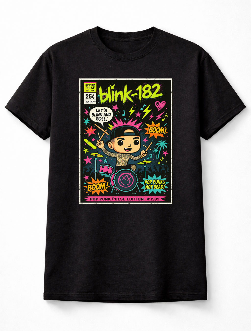 Blink-182 Pop Punk Pulse Edition Drummer Bordered Cartoon Graphic T-Shirt Neon Music Band Design Retro 90s Punk Rock Fan Tee Colorful Streetwear Adult & Kids Unisex T-Shirt (Copy)