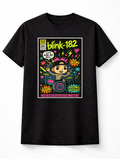 Blink-182 Pop Punk Pulse Edition Drummer Bordered Cartoon Graphic T-Shirt Neon Music Band Design Retro 90s Punk Rock Fan Tee Colorful Streetwear Adult & Kids Unisex T-Shirt (Copy)