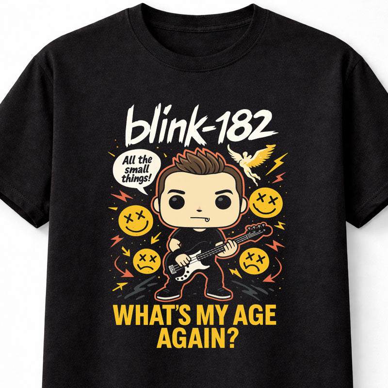 Blink-182 What’s My Age Again Pop Punk Guitar Cartoon Graphic T-Shirt Retro Music Band Design All The Small Things Fan Tee 90s Punk Rock Style Adult & Kids Unisex T-Shirt