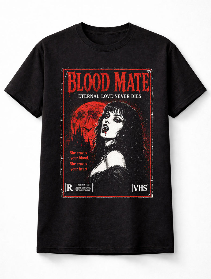 Blood Mate Vampire Gothic Dracula Vintage Horror VHS Unisex T-Shirt