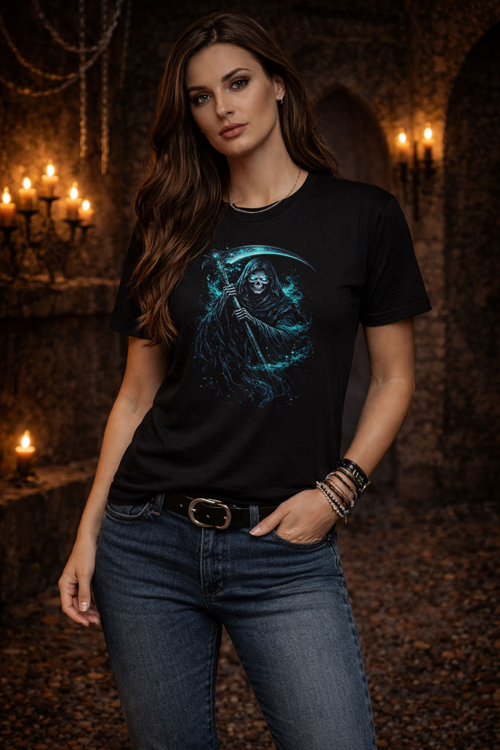Grim Reaper Skull Skeleton T Shirt Gothic Death Scythe Dark Fantasy Unisex Tee
