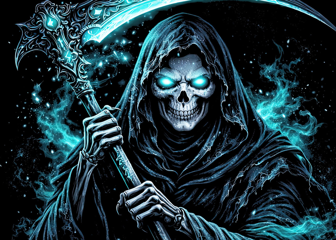 Grim Reaper Skull Skeleton T Shirt Gothic Death Scythe Dark Fantasy Unisex Tee