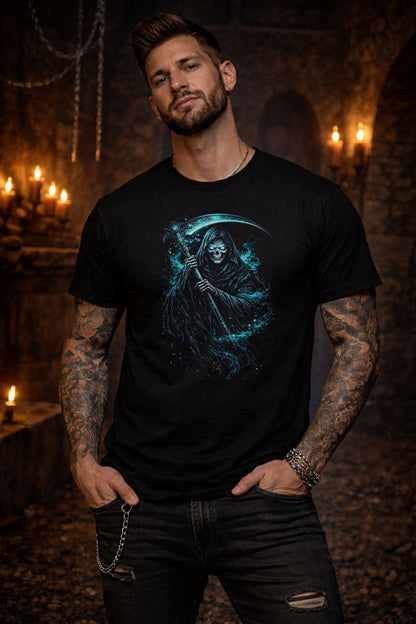 Grim Reaper Skull Skeleton T Shirt Gothic Death Scythe Dark Fantasy Unisex Tee