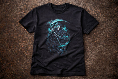 Grim Reaper Skull Skeleton T Shirt Gothic Death Scythe Dark Fantasy Unisex Tee