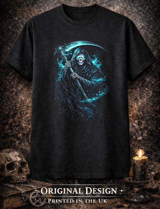 Grim Reaper Skull Skeleton T Shirt Gothic Death Scythe Dark Fantasy Unisex Tee
