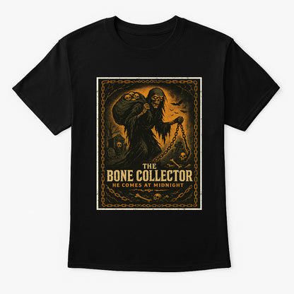 The Bone Collector “He Comes at Midnight” Unisex T-Shirt – Retro Horror Dark Comic Tee