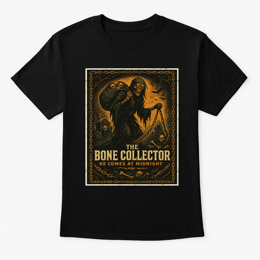 The Bone Collector “He Comes at Midnight” Unisex T-Shirt – Retro Horror Dark Comic Tee