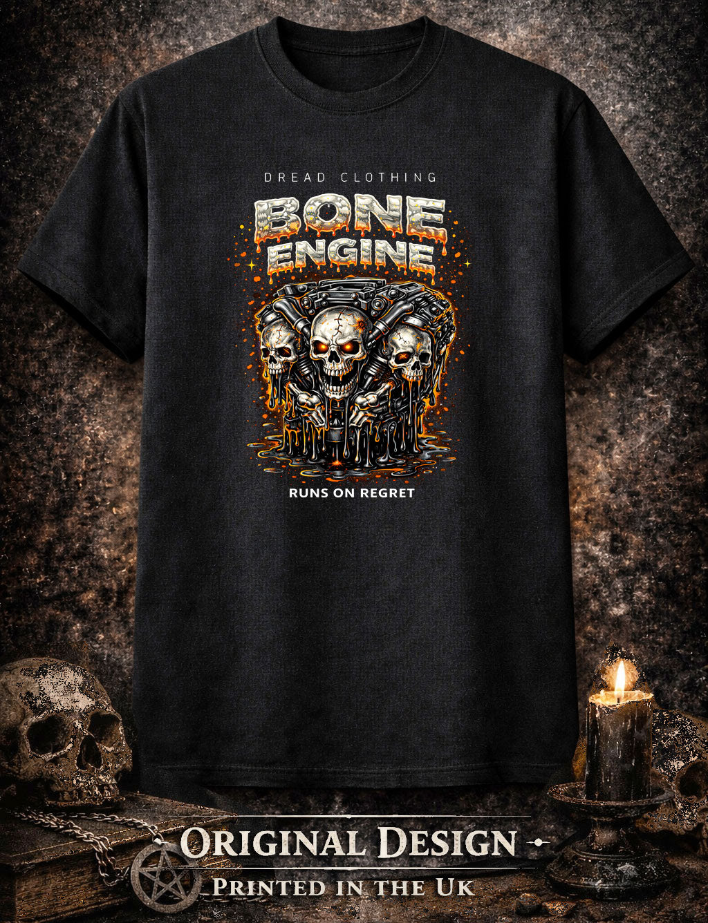 Bone Engine Skull Unisex Toxic Gothic Biker Graphic T-Shirt Dark Horror Tee
