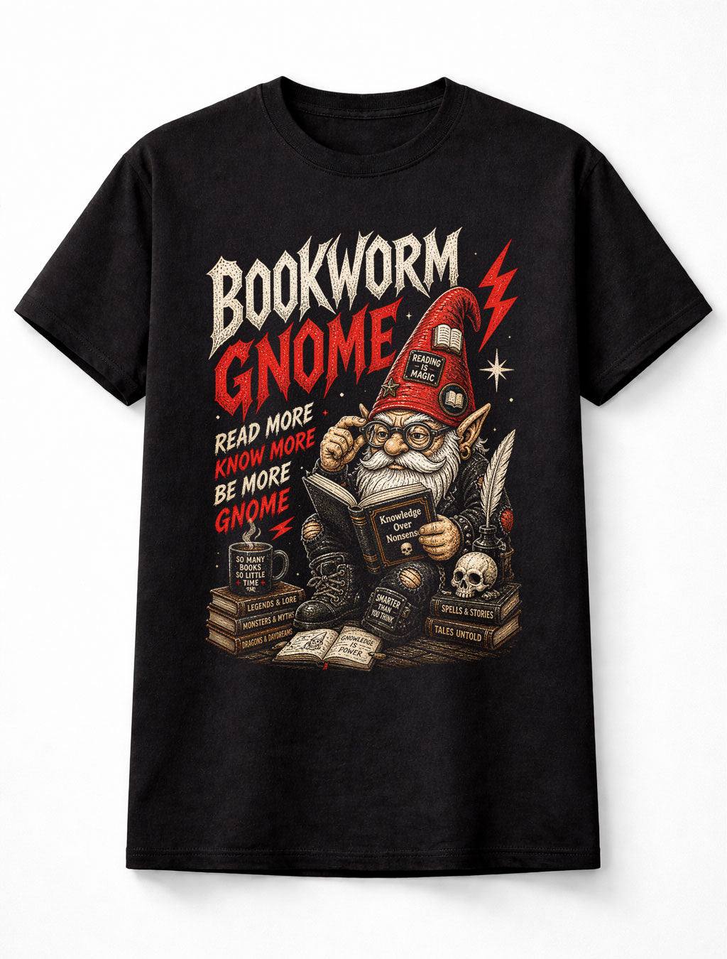 Bookworm Gnome Reading Magic Fantasy Books Graphic Nerd Unisex T-Shirt