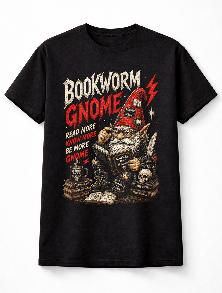 Bookworm Gnome Reading Magic Fantasy Books Graphic Nerd Unisex T-Shirt
