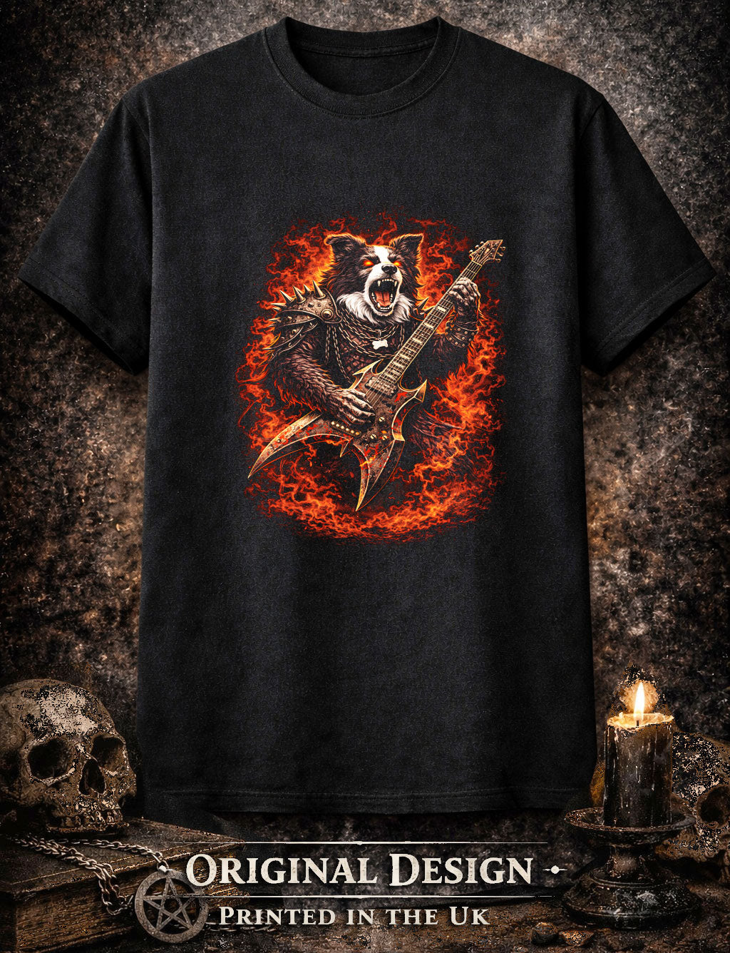 Border Collie Dog Heavy Metal Rocker Unisex Graphic T-Shirt Gothic Music Tee