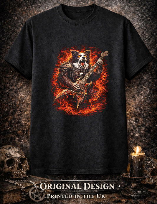 Border Collie Dog Heavy Metal Rocker Unisex Graphic T-Shirt Gothic Music Tee