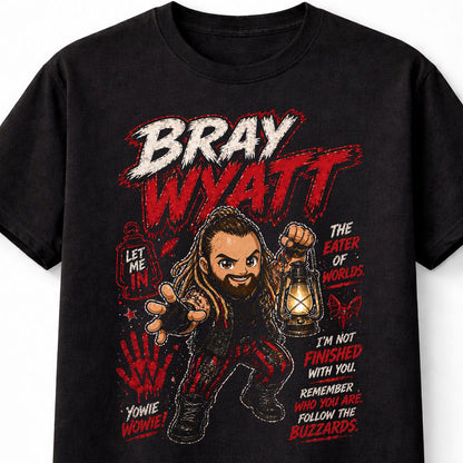 Bray Wyatt The Eater of Worlds Wrestling T-Shirt Cartoon Wrestler Graphic Dark Horror Lantern Design Let Me In Firefly Adults & Kids Unisex T-Shirt