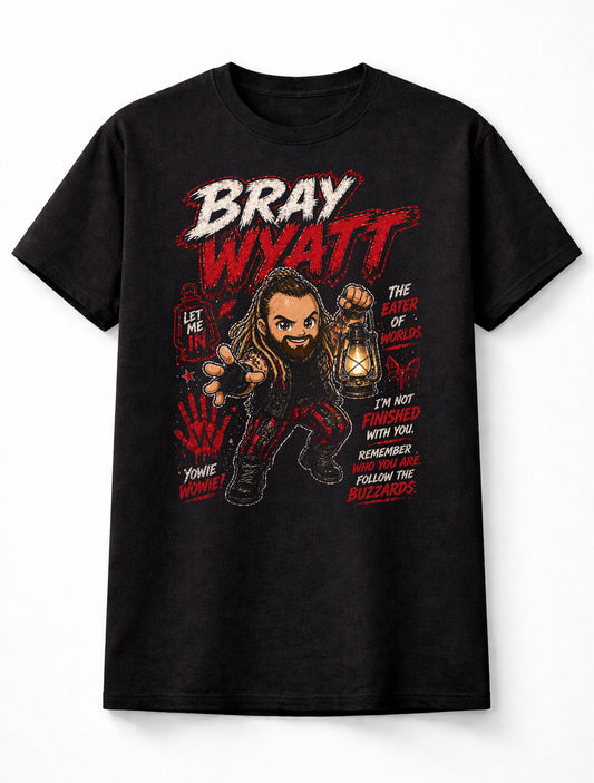 Bray Wyatt The Eater of Worlds Wrestling T-Shirt Cartoon Wrestler Graphic Dark Horror Lantern Design Let Me In Firefly Adults & Kids Unisex T-Shirt