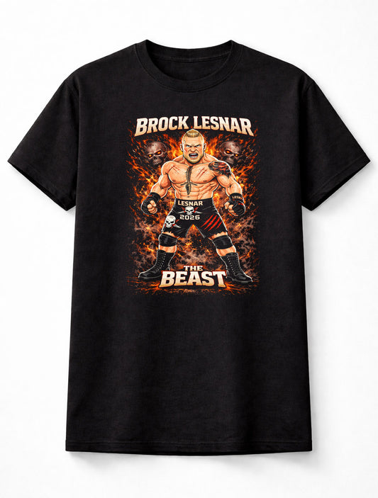 Brock Lesnar The Beast Wrestling T-Shirt Cartoon Wrestler Graphic Fire Skull Design Powerful Fighter Fan Tee Bold MMA Style dults & Kids Unisex T-Shirt