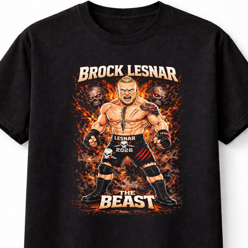 Brock Lesnar The Beast Wrestling T-Shirt Cartoon Wrestler Graphic Fire Skull Design Powerful Fighter Fan Tee Bold MMA Style dults & Kids Unisex T-Shirt