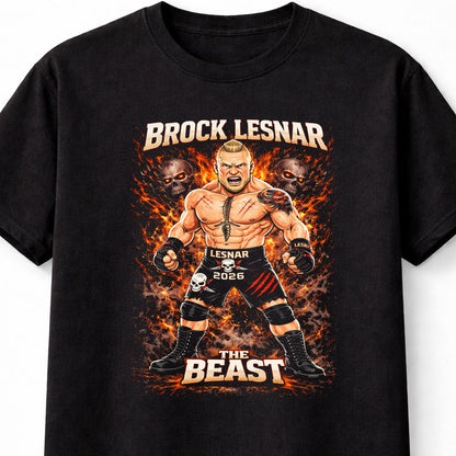 Brock Lesnar The Beast Wrestling T-Shirt Cartoon Wrestler Graphic Fire Skull Design Powerful Fighter Fan Tee Bold MMA Style dults & Kids Unisex T-Shirt