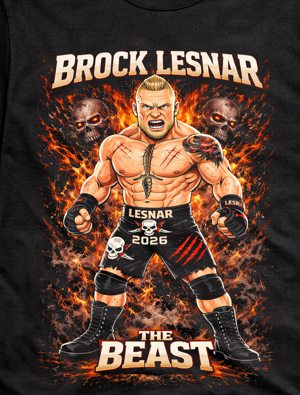 Brock Lesnar The Beast Wrestling T-Shirt Cartoon Wrestler Graphic Fire Skull Design Powerful Fighter Fan Tee Bold MMA Style dults & Kids Unisex T-Shirt